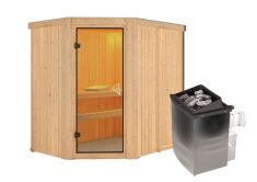 Sauna CARIN (Eckeinstieg) / bronzierte Tür / kein Dachkranz / Ofen 4,5 kW integr. Strg