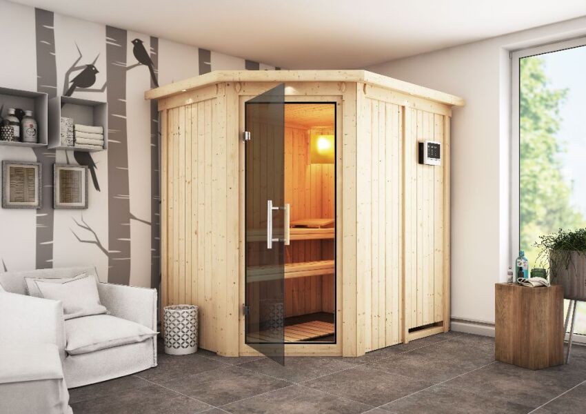 Sauna CARIN (Eckeinstieg) / graphit Tür / inkl. Dachkranz / Ofen 4,5 KW externe Strg easy