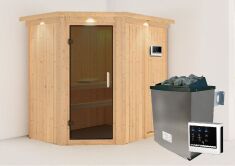 Sauna CARIN (Eckeinstieg) / graphit Tür / inkl. Dachkranz / Ofen 4,5 KW externe Strg easy