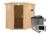 Sauna CARIN (Eckeinstieg) / graphit Tür / inkl. Dachkranz / Ofen 4,5 KW externe Strg easy