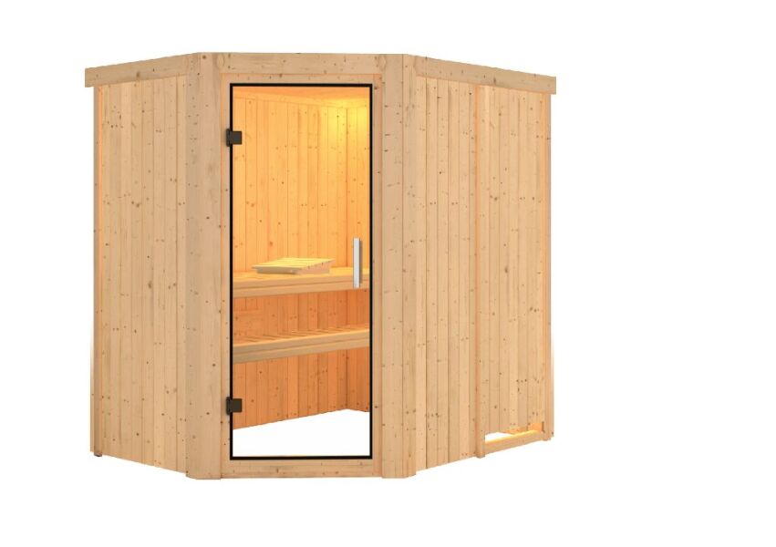 Sauna CARIN (Eckeinstieg) / klarglas Tür / kein Dachkranz / ohne Ofen