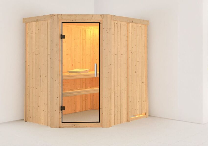 Sauna CARIN (Eckeinstieg) / klarglas Tür / kein Dachkranz / ohne Ofen