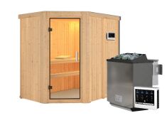 Sauna CARIN (Eckeinstieg) / klarglas Tür / kein Dachkranz / Ofen 4,5 kW Bio externe Strg easy