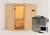 Sauna CARIN (Eckeinstieg) / klarglas Tür / kein Dachkranz / Ofen 4,5 kW Bio externe Strg easy