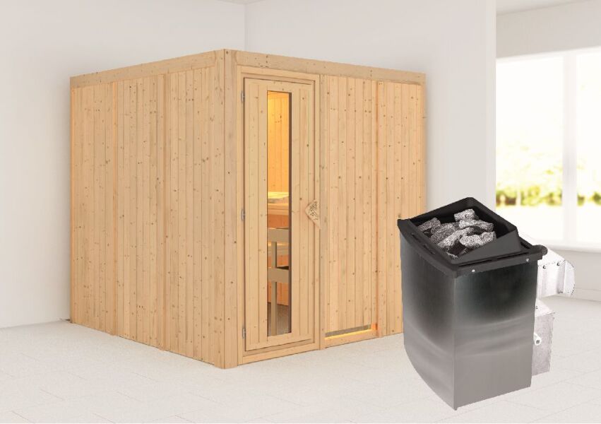 Sauna RODIN (Fronteinstieg) / Holztür / kein Dachkranz / Ofen 9 kW integr. Strg