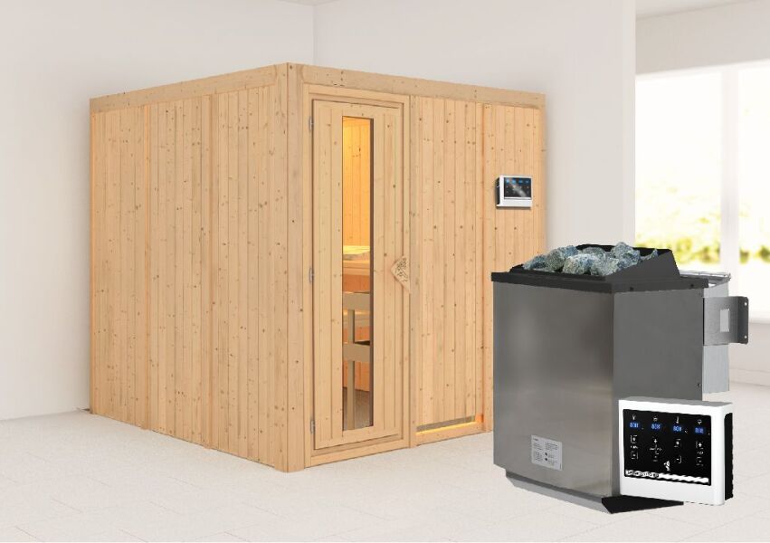 Sauna RODIN (Fronteinstieg) / Holztür / kein Dachkranz / Ofen 9 kW Bio externe Strg easy