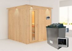 Sauna RODIN (Fronteinstieg) / Holztür / inkl. Dachkranz / Ofen 9 KW externe Strg easy