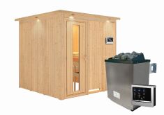 Sauna RODIN (Fronteinstieg) / Holztür / inkl. Dachkranz / Ofen 9 KW externe Strg easy