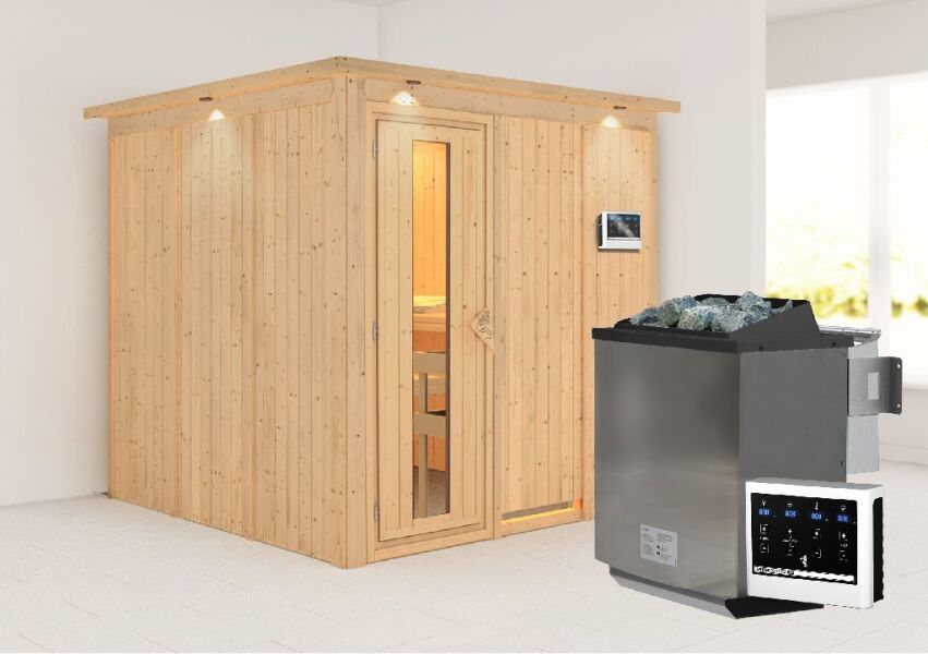 Sauna RODIN (Fronteinstieg) / Holztür / inkl. Dachkranz / Ofen 9 kW Bio externe Strg easy