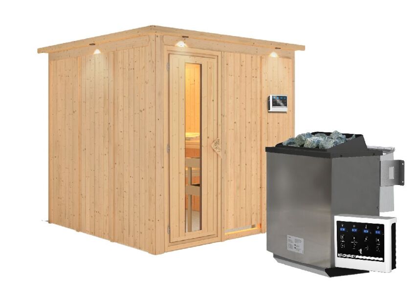 Sauna RODIN (Fronteinstieg) / Holztür / inkl. Dachkranz / Ofen 9 kW Bio externe Strg easy