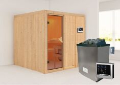 Sauna RODIN (Fronteinstieg) / bronzierte Tür / kein Dachkranz / Ofen 9 KW externe Strg easy