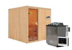 Sauna RODIN (Fronteinstieg) / bronzierte Tür / kein Dachkranz / Ofen 9 kW Bio externe Strg easy