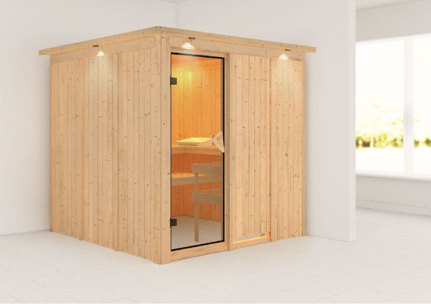 Sauna RODIN (Fronteinstieg) / bronzierte Tür / inkl. Dachkranz / ohne Ofen