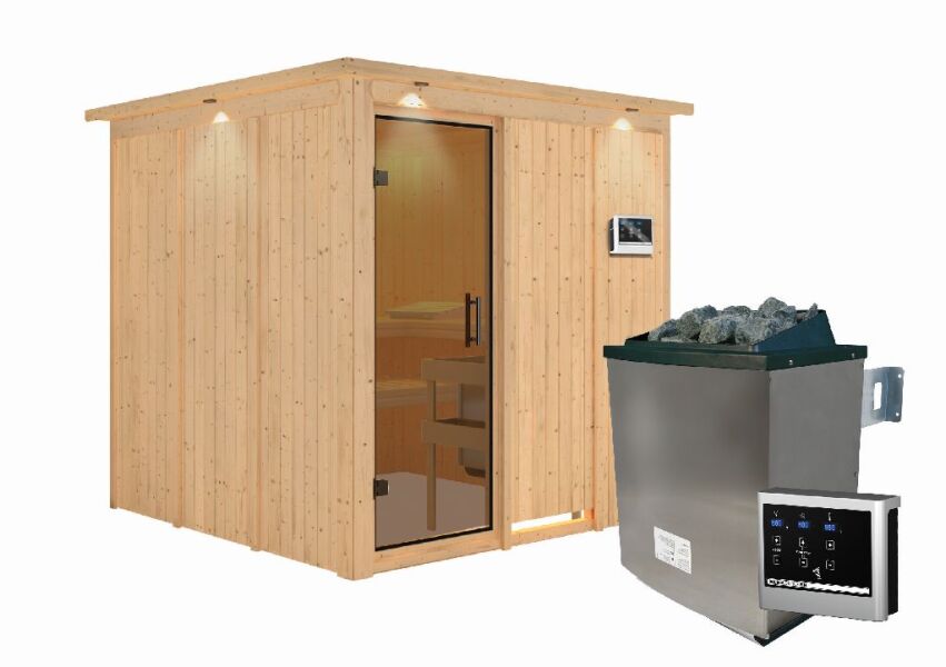 Sauna RODIN (Fronteinstieg) / graphit Tür / inkl. Dachkranz / Ofen 9 KW externe Strg easy