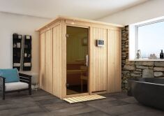 Sauna RODIN (Fronteinstieg) / graphit Tür / inkl. Dachkranz / Ofen 9 KW externe Strg easy