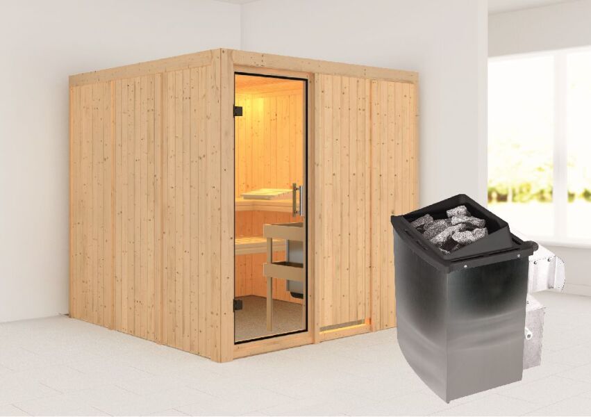 Sauna RODIN (Fronteinstieg) / klarglas Tür / kein Dachkranz / Ofen 9 kW integr. Strg