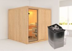 Sauna RODIN (Fronteinstieg) / klarglas Tür / kein Dachkranz / Ofen 9 kW integr. Strg