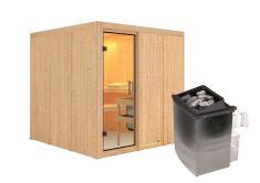 Sauna RODIN (Fronteinstieg) / klarglas Tür / kein Dachkranz / Ofen 9 kW integr. Strg