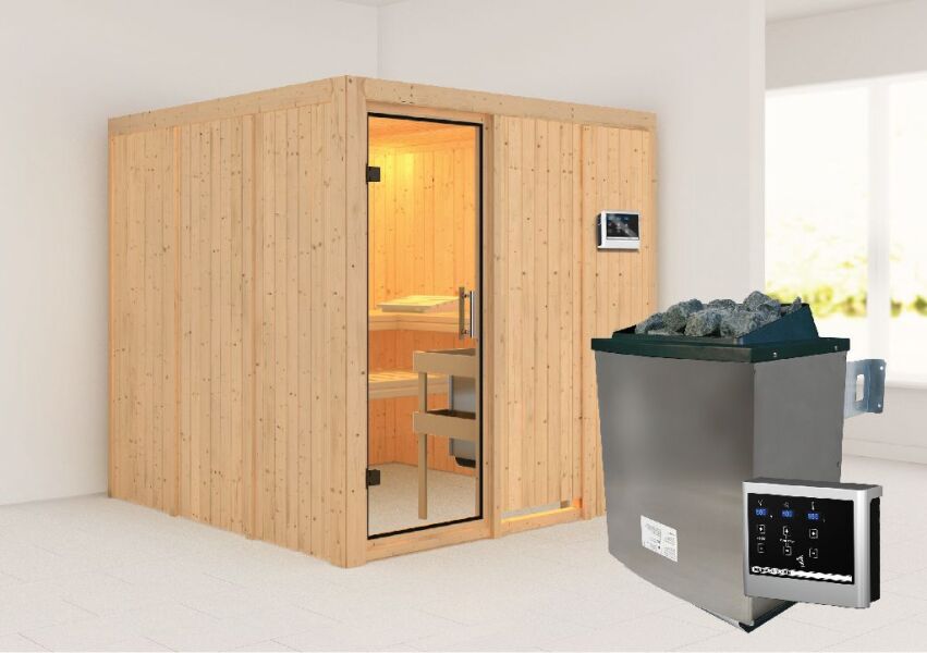 Sauna RODIN (Fronteinstieg) / klarglas Tür / kein Dachkranz / Ofen 9 KW externe Strg easy