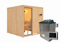 Sauna RODIN (Fronteinstieg) / klarglas Tür / kein Dachkranz / Ofen 9 KW externe Strg easy