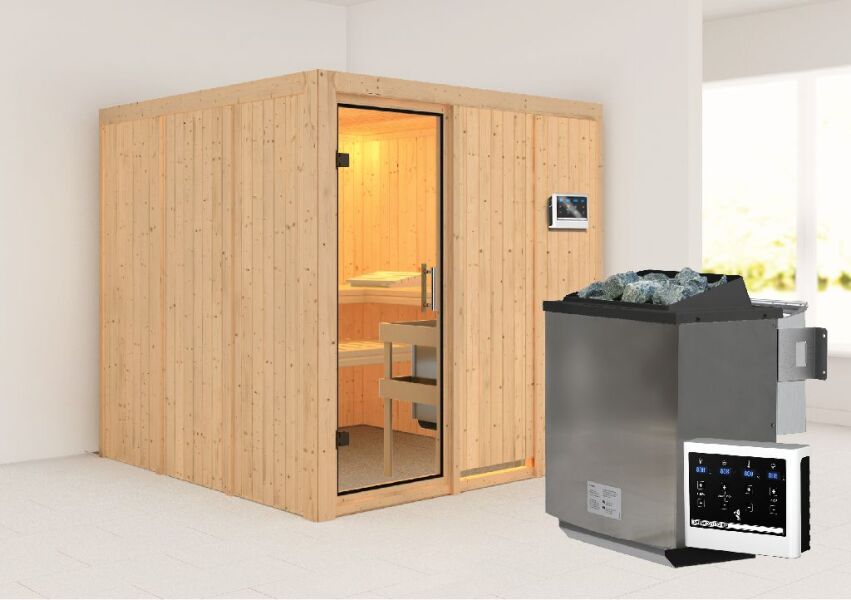 Sauna RODIN (Fronteinstieg) / klarglas Tür / kein Dachkranz / Ofen 9 kW Bio externe Strg easy