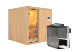Sauna RODIN (Fronteinstieg) / klarglas Tür / kein Dachkranz / Ofen 9 kW Bio externe Strg easy