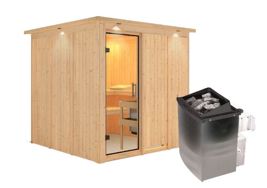Sauna RODIN (Fronteinstieg) / klarglas Tür / inkl. Dachkranz / Ofen 9 kW integr. Strg
