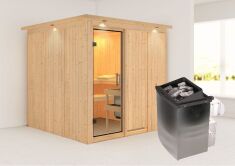 Sauna RODIN (Fronteinstieg) / klarglas Tür / inkl. Dachkranz / Ofen 9 kW integr. Strg