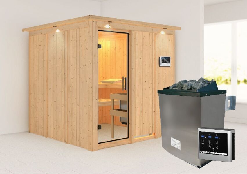 Sauna RODIN (Fronteinstieg) / klarglas Tür / inkl. Dachkranz / Ofen 9 KW externe Strg easy