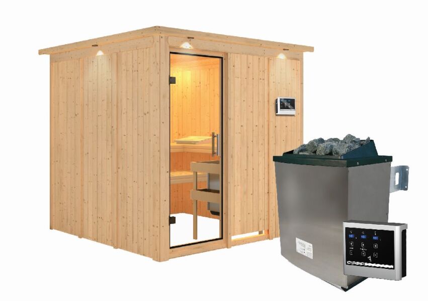 Sauna RODIN (Fronteinstieg) / klarglas Tür / inkl. Dachkranz / Ofen 9 KW externe Strg easy