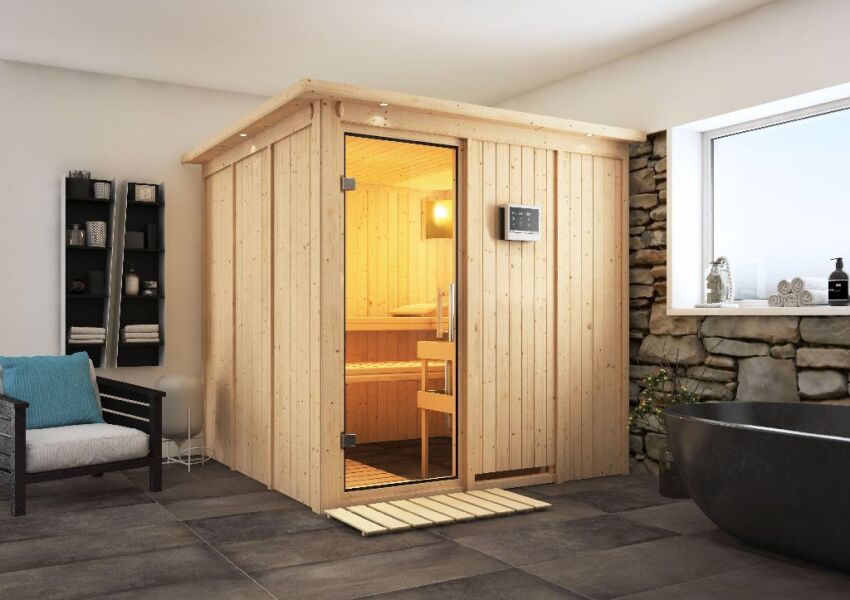 Sauna RODIN (Fronteinstieg) / klarglas Tür / inkl. Dachkranz / Ofen 9 KW externe Strg easy