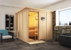Sauna RODIN (Fronteinstieg) / klarglas Tür / inkl. Dachkranz / Ofen 9 KW externe Strg easy