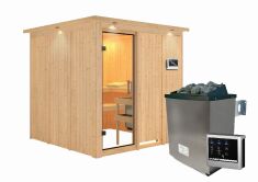Sauna RODIN (Fronteinstieg) / klarglas Tür / inkl. Dachkranz / Ofen 9 KW externe Strg easy