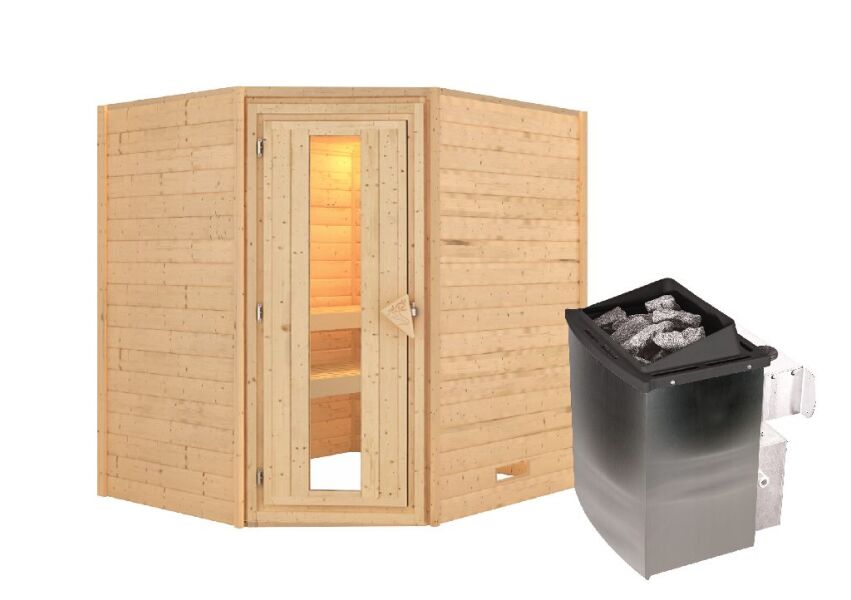 38mm Massivholzsauna MIA  (Eckeinstieg) / Holztür / kein Dachkranz / Ofen 4,5 kW integr. Strg