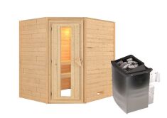 38mm Massivholzsauna MIA  (Eckeinstieg) / Holztür / kein Dachkranz / Ofen 4,5 kW integr. Strg