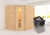 38mm Massivholzsauna MIA  (Eckeinstieg) / Holztür / kein Dachkranz / Ofen 4,5 kW integr. Strg