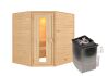38mm Massivholzsauna MIA  (Eckeinstieg) / Holztür / kein Dachkranz / Ofen 4,5 kW integr. Strg