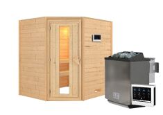 38mm Massivholzsauna MIA  (Eckeinstieg) / Holztür / kein Dachkranz / Ofen 4,5 kW Bio externe Strg easy