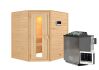 38mm Massivholzsauna MIA  (Eckeinstieg) / Holztür / kein Dachkranz / Ofen 4,5 kW Bio externe Strg easy