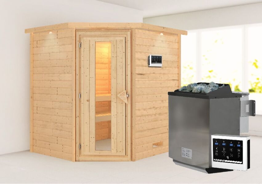 38mm Massivholzsauna MIA  (Eckeinstieg) / Holztür / inkl. Dachkranz / Ofen 4,5 kW Bio externe Strg easy