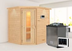 38mm Massivholzsauna MIA  (Eckeinstieg) / Holztür / inkl. Dachkranz / Ofen 4,5 kW Bio externe Strg easy