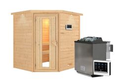 38mm Massivholzsauna MIA  (Eckeinstieg) / Holztür / inkl. Dachkranz / Ofen 4,5 kW Bio externe Strg easy