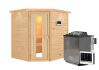 38mm Massivholzsauna MIA  (Eckeinstieg) / Holztür / inkl. Dachkranz / Ofen 4,5 kW Bio externe Strg easy