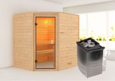 38mm Massivholzsauna MIA  (Eckeinstieg) / bronzierte Tür / kein Dachkranz / Ofen 4,5 kW integr. Strg