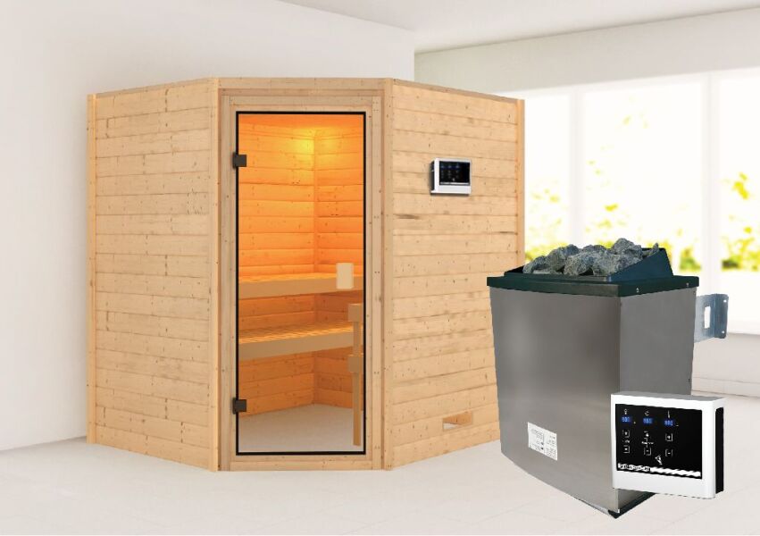 38mm Massivholzsauna MIA  (Eckeinstieg) / bronzierte Tür / kein Dachkranz / Ofen 4,5 KW externe Strg easy