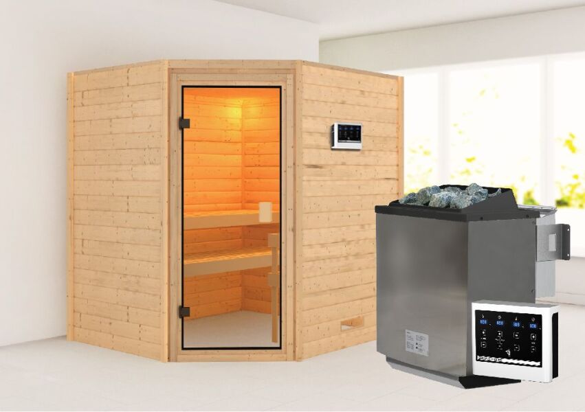 38mm Massivholzsauna MIA  (Eckeinstieg) / bronzierte Tür / kein Dachkranz / Ofen 4,5 kW Bio externe Strg easy