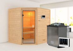38mm Massivholzsauna MIA  (Eckeinstieg) / bronzierte Tür / kein Dachkranz / Ofen 4,5 kW Bio externe Strg easy