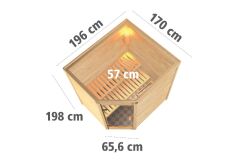 38mm Massivholzsauna MIA  (Eckeinstieg) / bronzierte Tür / kein Dachkranz / Ofen 4,5 kW Bio externe Strg easy