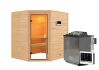 38mm Massivholzsauna MIA  (Eckeinstieg) / bronzierte Tür / kein Dachkranz / Ofen 4,5 kW Bio externe Strg easy