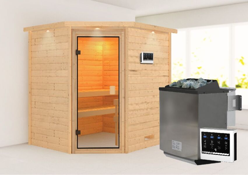 38mm Massivholzsauna MIA  (Eckeinstieg) / bronzierte Tür / inkl. Dachkranz / Ofen 4,5 kW Bio externe Strg easy